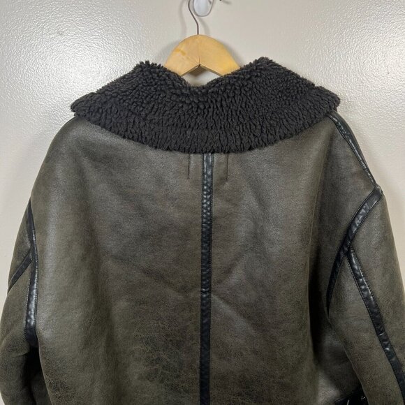 Zara Double Faced Aviator Faux Leather Jacket Size Small Green Shearling Sherpa - Picture 9 of 12